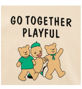 Detail of bear and duck graphic on beige long sleeve t-shirt with Playful text print