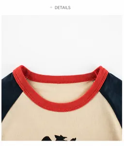 Detail of a girl's raglan sleeve shirt featuring a red ribbed neckline and tricolor fabric