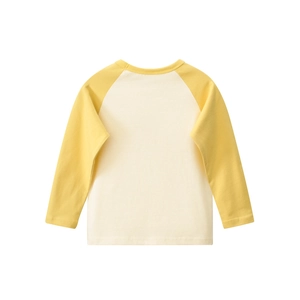Back view of a kids raglan long sleeve T-shirt with yellow sleeves and cream body
