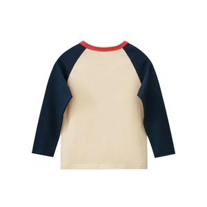 Detail of raglan long sleeve T-shirt for girls featuring beige body and navy sleeves