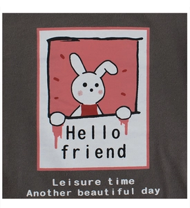 Detail of grey girl long sleeve T-shirt featuring rabbit print and Hello Friend text