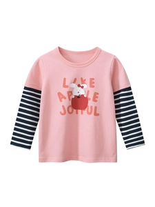 T-shirt à Manches Longues en Coton pour Filles Imprimé Lapin de Dessin Animé Pomme Patchwork Rayé Faux Deux Pièces Haut Décontracté pour Enfant
