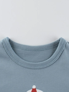 Langärmeliges Kinder-T-Shirt aus blauer Baumwolle mit festlichem Weihnachtsmotiv