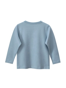Hellblaues langärmliges Rundhals-T-Shirt aus Baumwolle für Kinder, flach liegend auf Weiß