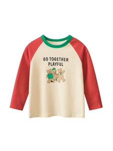 Girls Casual Long Sleeve Raglan T-Shirt 100% Cotton Cartoon Bear Letter Print Crew Neck Contrast Color Fall Top