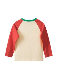 Kids long sleeve raglan T-shirt with bear motif in red and cream cotton knit fabric