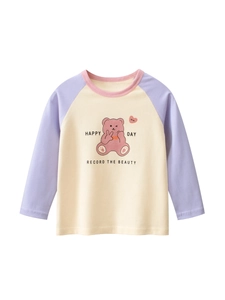 Kids Girls Korean Style Cartoon Bear Printed Long Sleeve Raglan T-Shirt 100% Cotton Breathable Casual Soft Round Neck Top