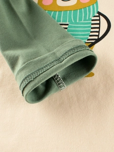 Girl's sage green long sleeve cotton tee with cute cartoon bear print and ribbed cuffs