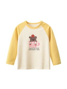Girls Cotton Long Sleeve Raglan T-Shirt Cartoon Bear Cupcake Print Round Neck Beige Yellow Casual Spring Top