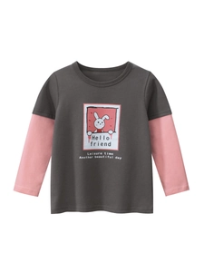 Girls Long Sleeve T-Shirt Pure Cotton Fake Two Piece Cartoon Rabbit Print Round Neck Casual Pullover Base Layer