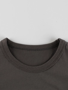 Dark grey crew neck long sleeve t-shirt for girls featuring premium ribbed collar details
