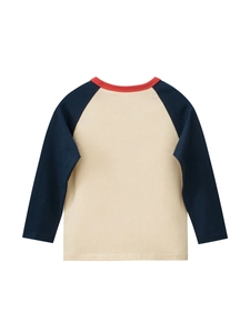 Girls' long sleeve raglan t-shirt in beige and navy blue with red ribbed neckline