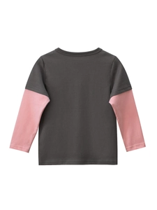 Girls' cotton long sleeve T-shirt with pink faux two-piece design in dark grey