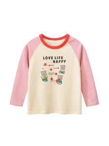 Mädchen Langarm Raglan T-Shirt Cartoon Bär Druck Baumwolle Top Für Frühling Herbst Kinder Kleidung Beige Rosa
