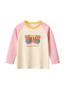 Girls Long Sleeve T-Shirt Cotton Raglan Contrast Color Cartoon Bear Popcorn Crew Neck Casual Autumn Spring Kids Top