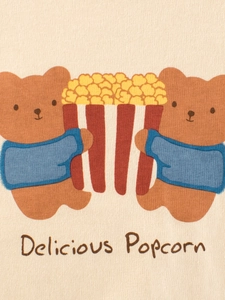 Kids beige cotton knit t-shirt with cute brown bears eating popcorn cartoon print