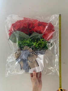 Measurement of 40cm red geranium hanging basket with buffalo check bow in packaging