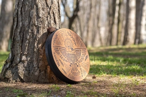 Detail of shaman drum with eagle totem leaning against a tree root in a forest setting