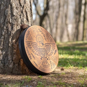 Handmade shamanic bird drum with eagle totem propped against a tree in a natural forest