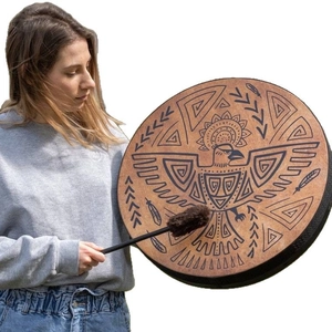 Handmade shamanic drum with eagle totem and feathered arrows, includes a black drumstick