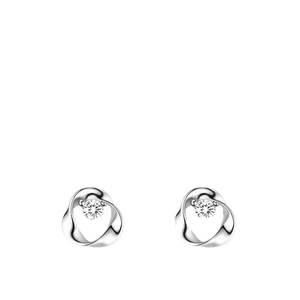 Silver Mobius hoop earrings with center crystal stone on a minimalist clean white background