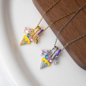 Titanium Steel Pendant Necklace For Women Enamel Flower Ice Cream Zircon Faux Artificial Pearl Charms Sweet Multi Element Jewelry