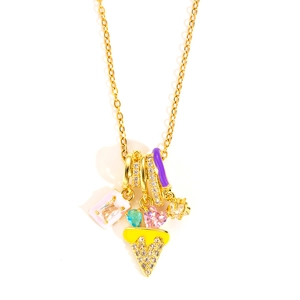 Golden ice cream pendant necklace with multi-colored enamel and heart-shaped zircon stones