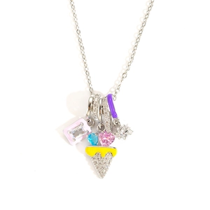 Close-up of titanium necklace with enamel charms, colorful zircons, and heart-shaped pendant