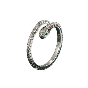 Elegant S925 sterling silver snake ring with emerald green stone and sparkling crystals