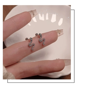 Detailed close-up of silver snake-shaped ear studs set with sparkling zircon crystals