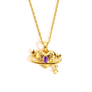Detailed macro view of a gold heart pendant featuring a purple drop-shaped zircon stone