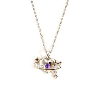 Elegant silver heart planet necklace with purple zircon stone and star charms