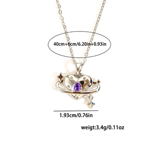Detail view of heart-shaped planet pendant with purple zircon and chain size specifications