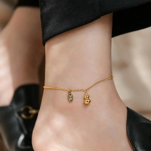 18K gold plated titanium steel anklet with lucky tag and calabash charms for women