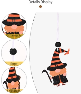 Détails de l'ornement gnome d'Halloween montrant l'épaisseur, perles et cordelette