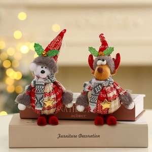 Christmas reindeer and polar bear plush dolls in red plaid coats for holiday decor