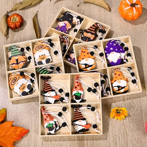 Coffret d'Ornements à Suspendre en Bois de Gnomes d'Halloween Avec Décor de Citrouille Chauve-Souris Crâne pour Maison Fête Festival
