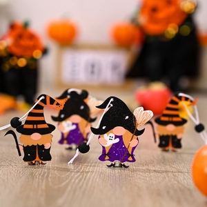 Lot de 4 pendentifs nains d'Halloween en bois avec motifs de citrouille et fantôme