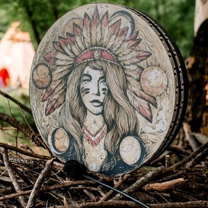 Handmade shamanic frame drum with Indian feather portrait and geometric patterns
