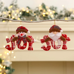 Set of 2 Christmas JOY hanging ornaments featuring Snowman and Santa with red plaid design