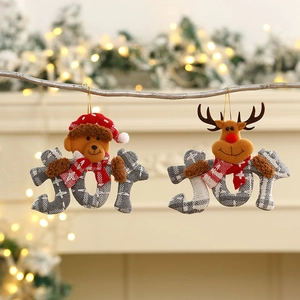 Christmas JOY fabric tree ornaments featuring plush bear and reindeer characters in festive grey