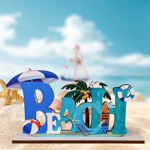 Decorazione BEACH in legno oceano con palme e tavola da surf su sfondo spiaggia