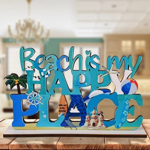 Insegna da tavolo in legno Beach is my HAPPY PLACE con palma e tavola da surf decorativa