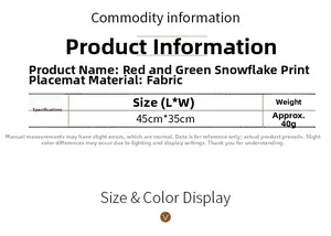 Size chart for red and green snowflake plaid Christmas placemats made of soft fabric