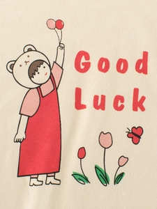 Beige long sleeve cotton T-shirt for girls featuring a cute cartoon bear and Good Luck print