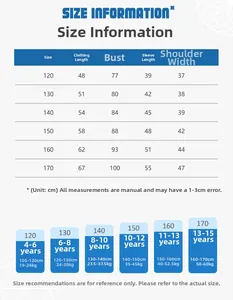 Size chart for kids long sleeve cartoon T-shirt showing detailed measurements in cm