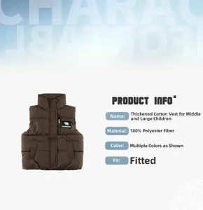 Detail of kids brown padded vest featuring polar bear embroidery and stand collar