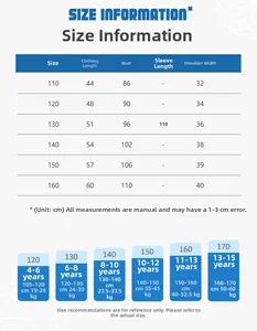 Size chart for children warm vest showing measurements from 110 to 170 cm in detail