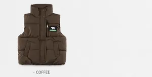 Detail view of coffee brown padded vest with stand collar and cute bear patch