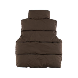 Back view of brown quilted vest for kids with high collar and puffy warm insulation